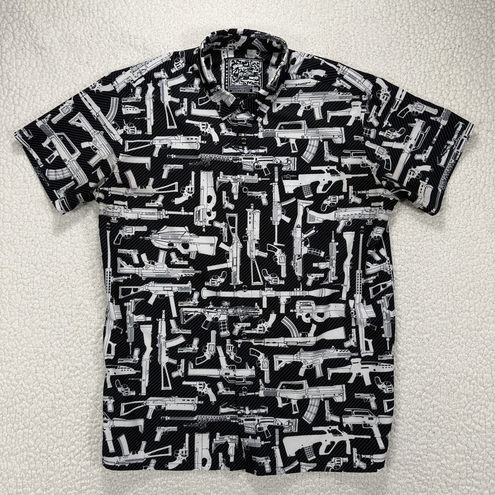 Retro Rifle Button Up Shirt Men's XL Black Gun Print Streetwear Graphic